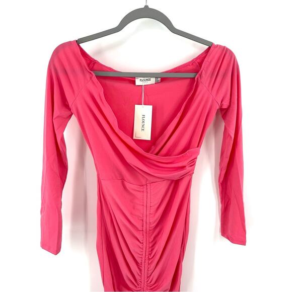 ASOS Flounce London ruched bardot bodycon mini dress in pink Size US 6 - Picture 3 of 9